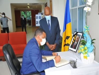 Political Leaders Sign Condolence Book Honouring Late Barbados Prime Minister Owen Arthur