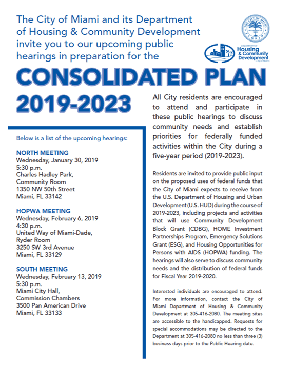 City of Miami to hold public hearings for Consolidated Plan 2019-2023
