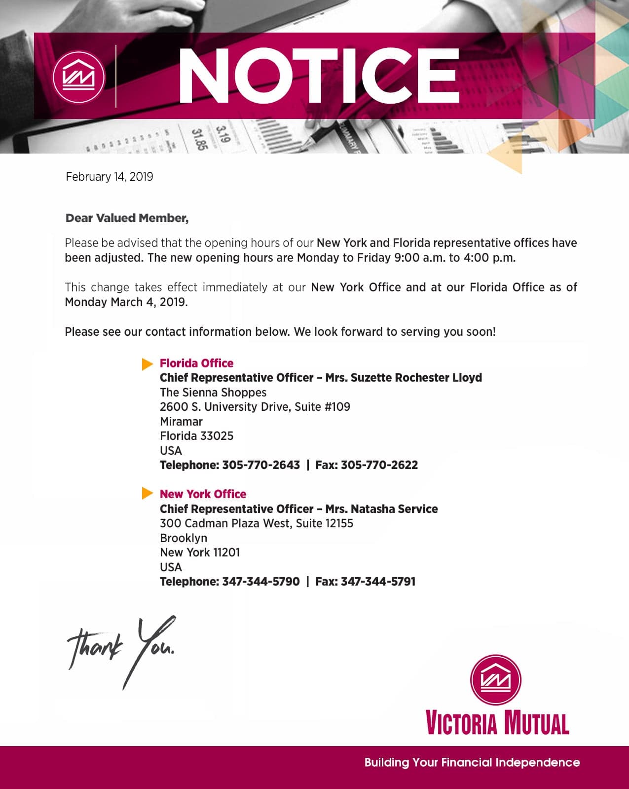 Victoria Mutual FL Rep. Office Supports Global Scholars Program
