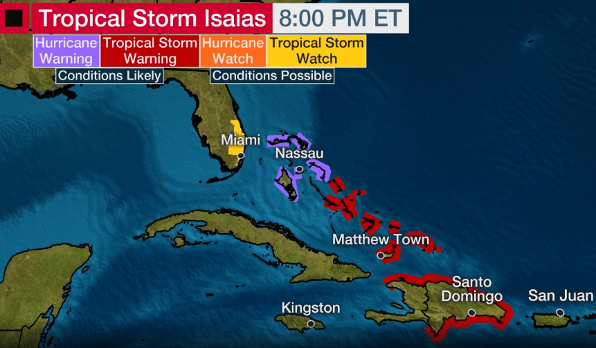 Tropical Storm Isaias Forecast to Become a Hurricane Near Florida's East Coast
