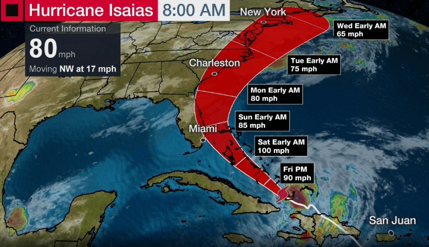 Hurricane Isaias to Strengthen in the Bahamas and Approach Florida's East Coast