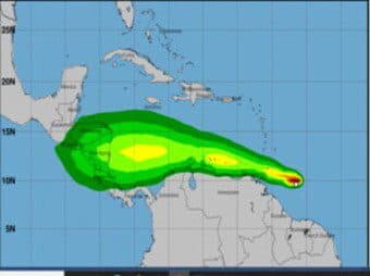 Heavy rains and gusty winds affecting southern Windward Islands