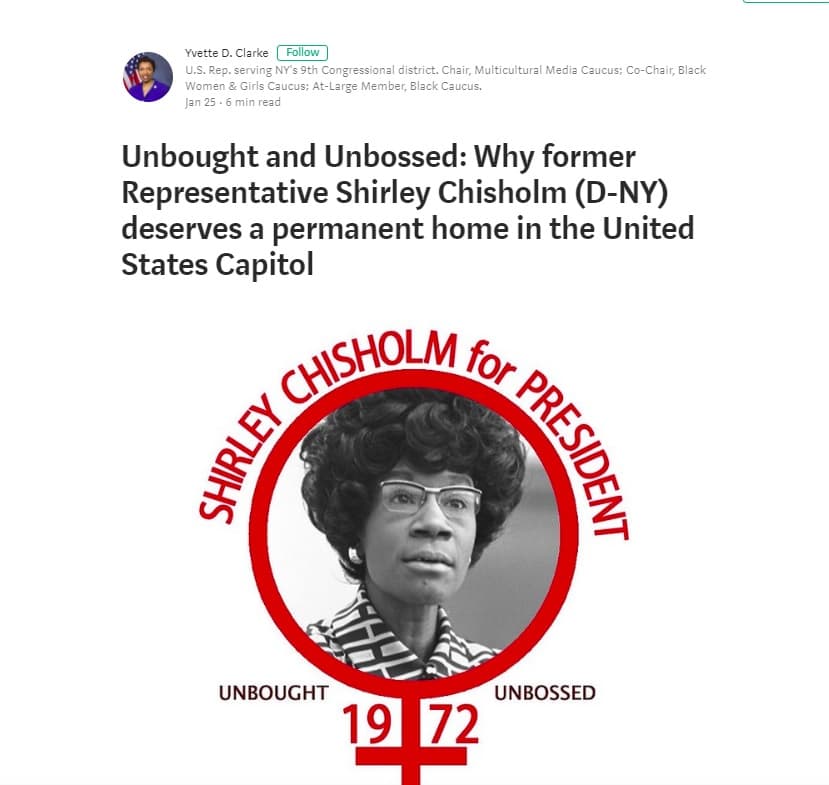 Rep. Yvette Clarke calls for a statue to honor Shirley Chisholm