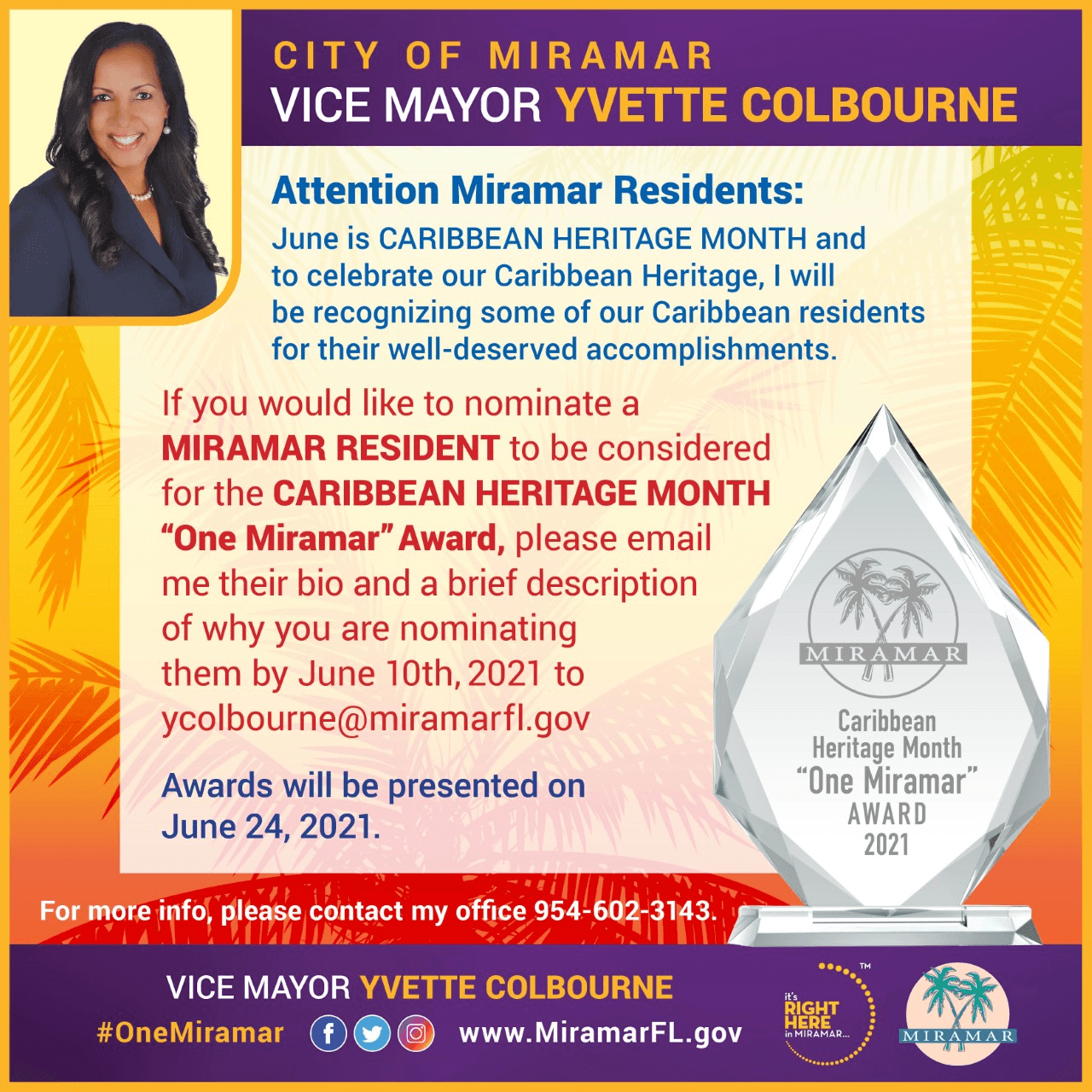 Miramar Vice Mayor Yvette Colbourne Seeking Nominations of Caribbean-American Community Leaders
