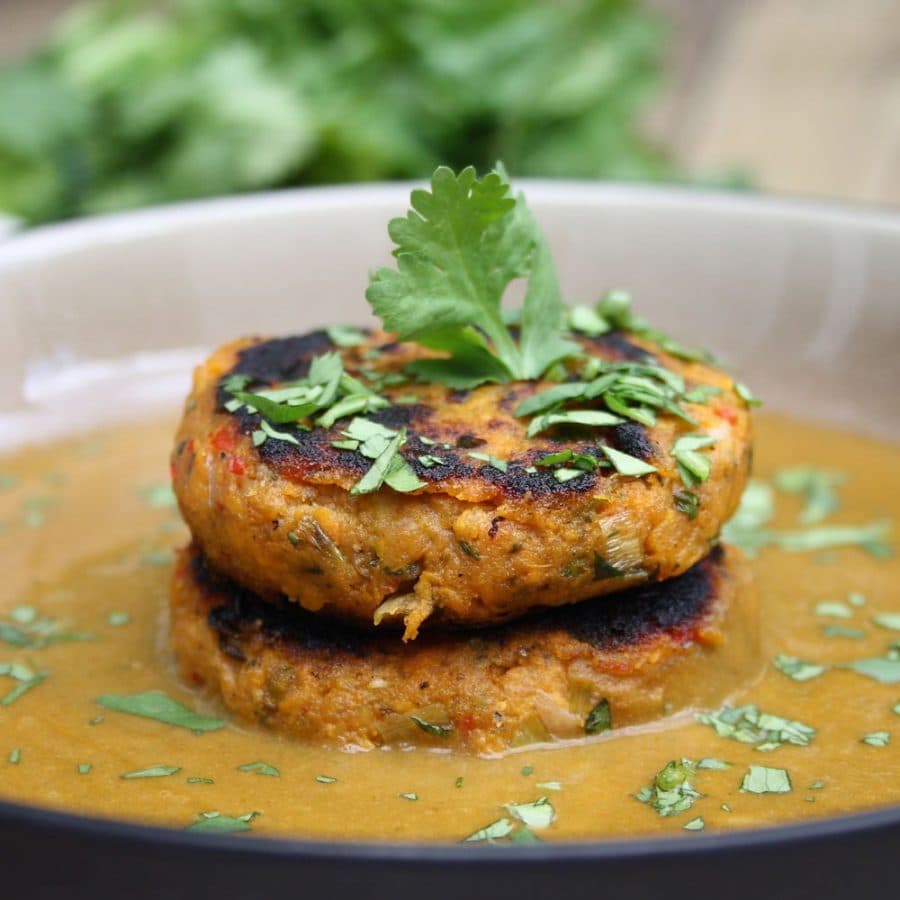 Trinidadian Sweet Potato Patties with Spicy Coconut and Callaloo Sauce