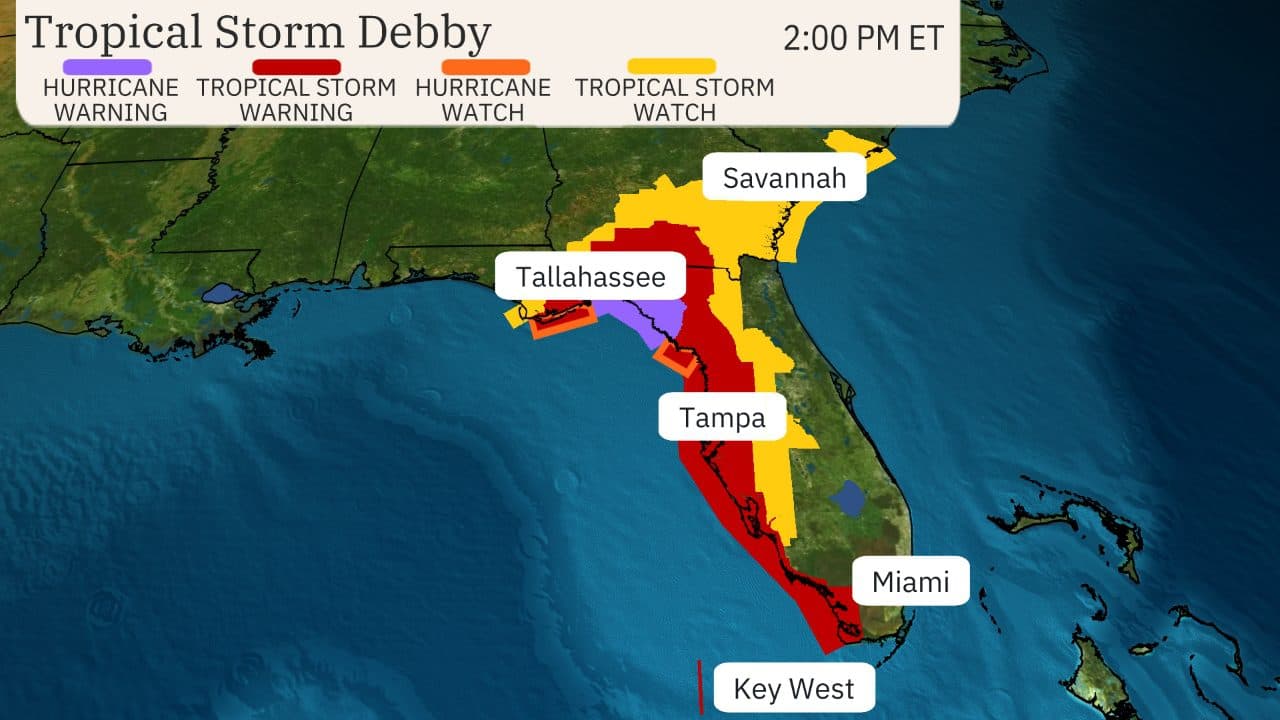 Tropical Storm Debby expected to become a hurricane before Florida landfall