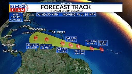 Tropical Storm Gonzalo Strengthens, Headed for Eastern Caribbean