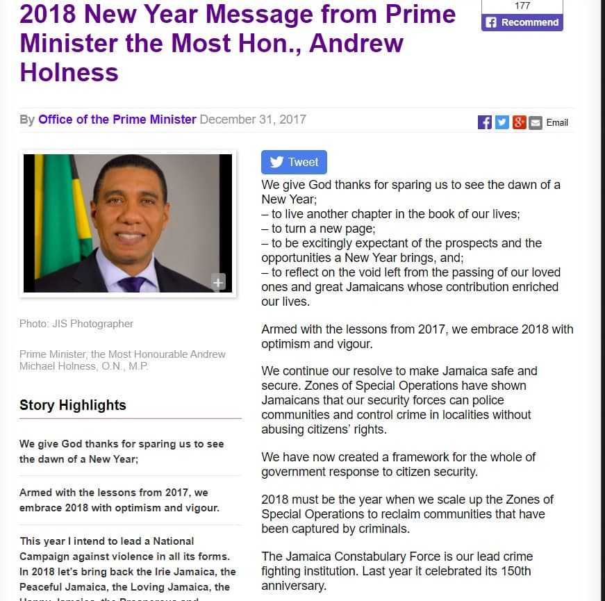 Jamaica PM to lead campaign against violence in 2018