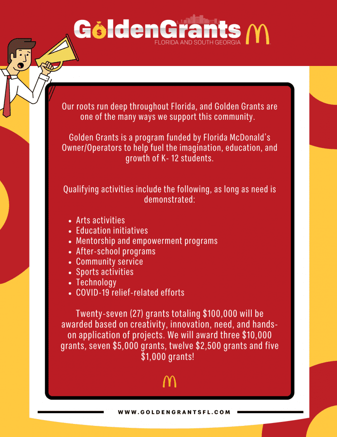Florida McDonald’s to Award $100,000 in Golden Grants to Benefit Local K-12 Students