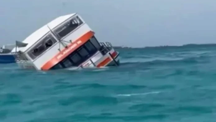 Pleasure craft takes on water en route to Blue Lagoon Island in The Bahamas on November 14, 2023.