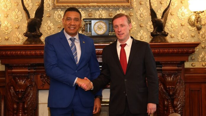 Prime Minister Andrew Holness (left) with US National Security Advisor Jake Sullivan in Washington DC on Tuesday.