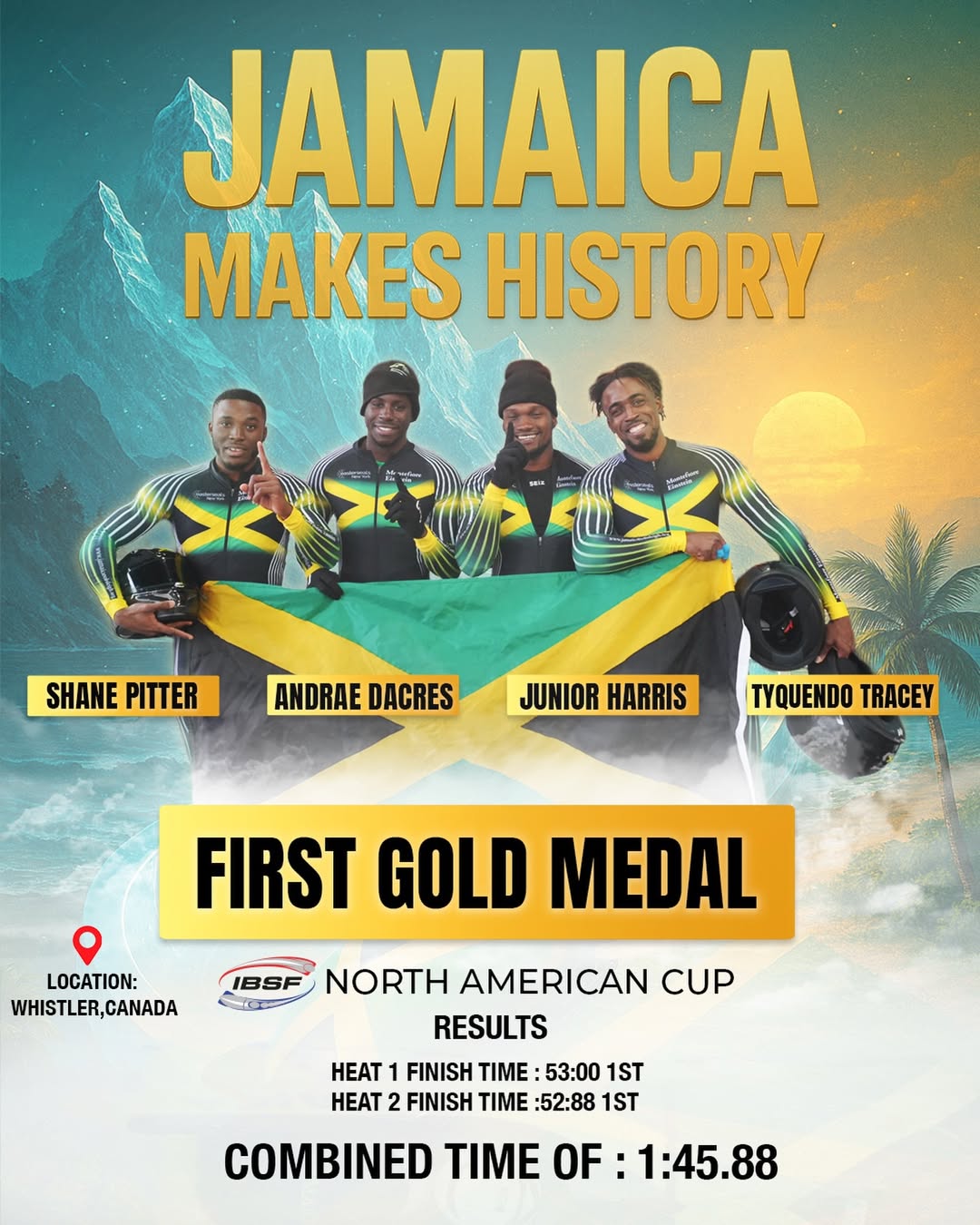 Jamaican 4-man bobsled team makes history with gold at North America Cup