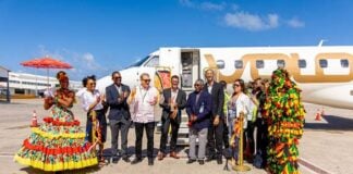 Antigua welcomes new non-stop flights from Santo Domingo Antigua and Barbuda Tourism Minister of Tourism The Hon. Charles Fernandez, Permanent Secretary in the Ministry of Tourism Sean Cenac, Acting CEO of the Antigua and Barbuda Airport Authority Philmore Andrew welcomed the launch of Sunrise Airways Santo Domingo-Antigua flight on March 3, 2026, during a ribbon-cutting with Eastern Caribbean Representative for Sunrise Airways Colin Piper and other Sunrise Airways officials. (Photos courtesy, The Antigua and Barbuda Tourism Authority)